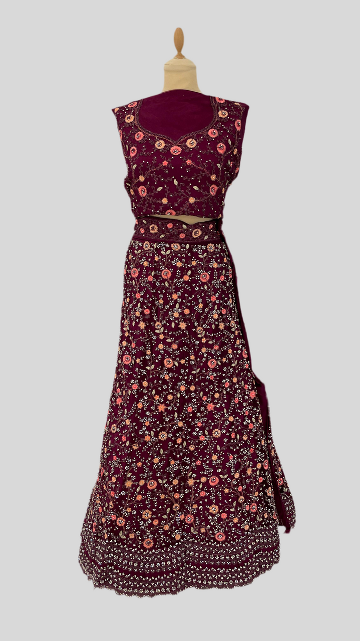 Shagun Wine Coloured Lehenga (Unstitched) | Inaayat by Divya Taimni
