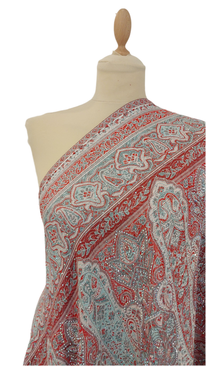 Simi Red and Turquoise Cashmere With Rhinestones Scarf