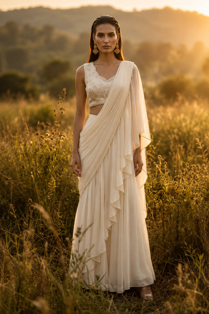Ivory Organza Embroidered Pleated Saree |Basanti Kapde Aur Koffee
