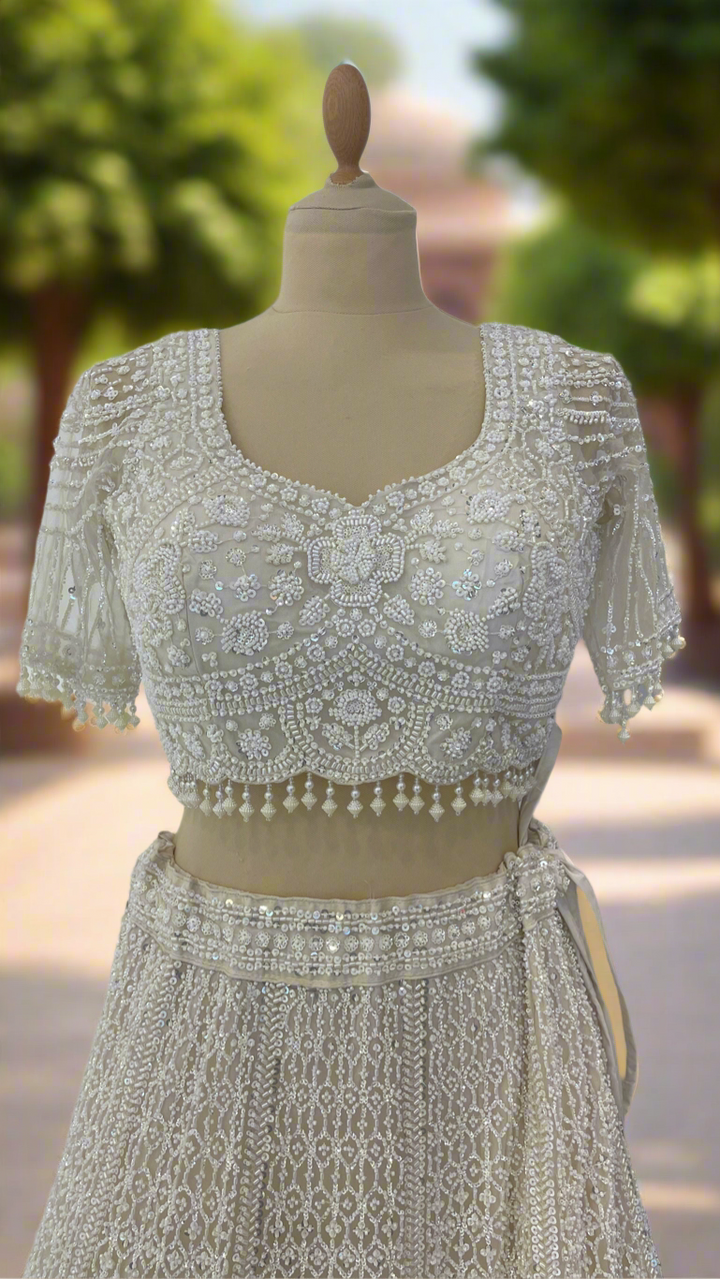Shagun Ornately Beaded White Lehenga Set with 3D Pearl Flowers | Inaayat by Divya Taimni