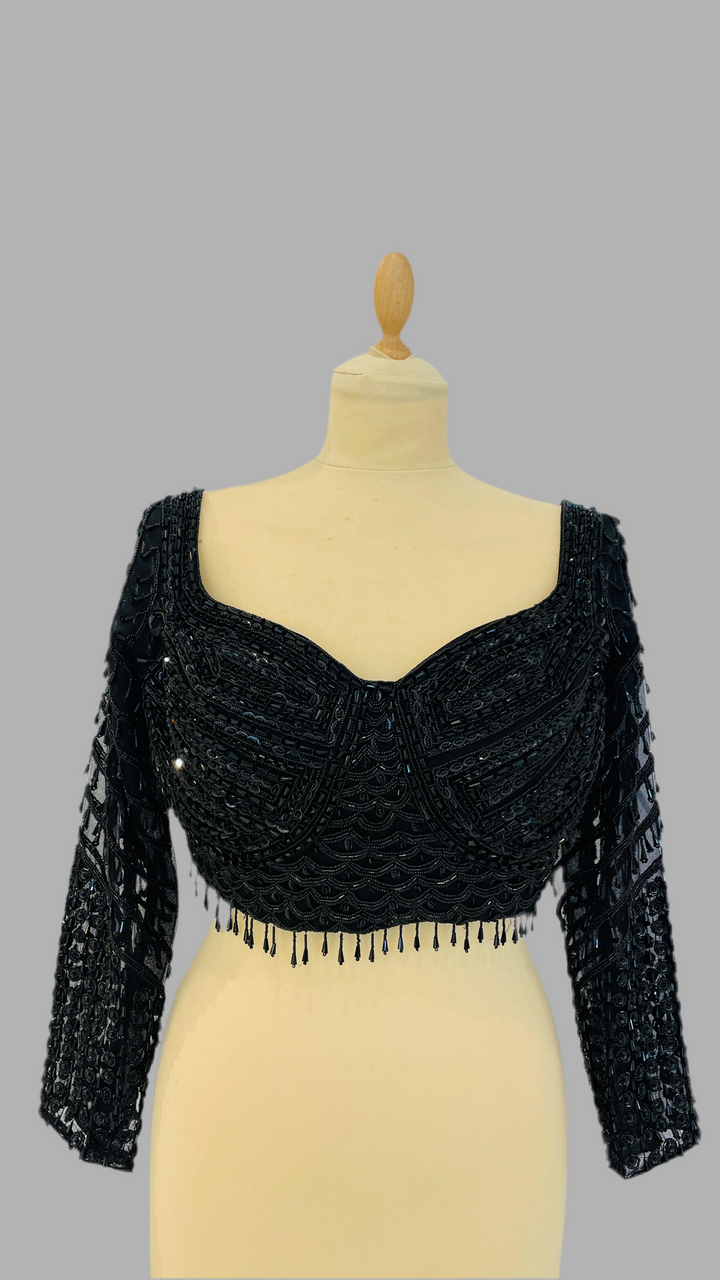 Black Beaded Chantilly Lace Pre-Stitched Saree (Ready to Wear)