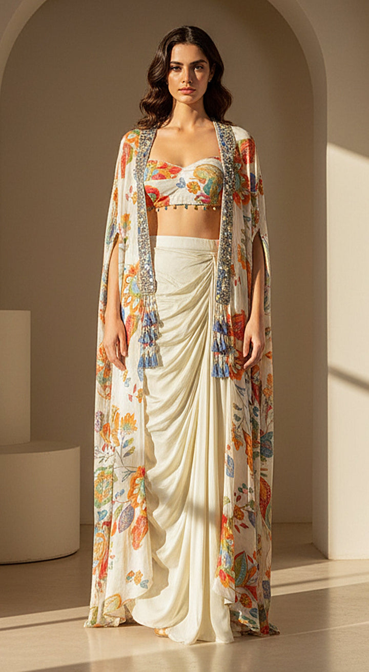 Ivory Crepe Garden Embroidered Cape Set | Basanti Kapde Aur Koffee