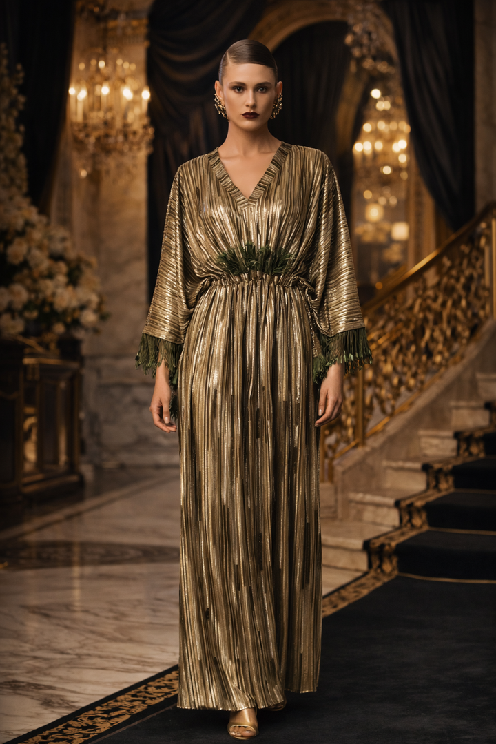Metallic Green Pleated Evening Dress | Pria Kataria Puri