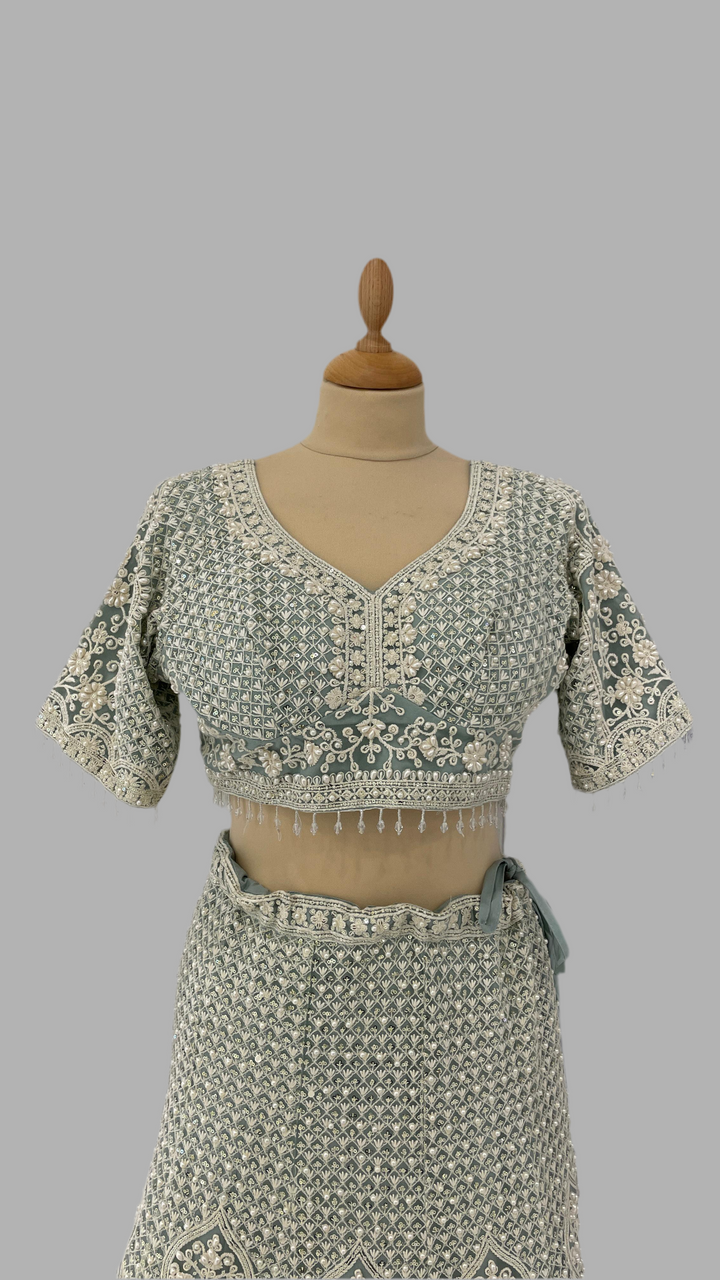 Shagun Ice Blue Lehenga Set with White Beads and Pearls | Inaayat by Divya Taimni