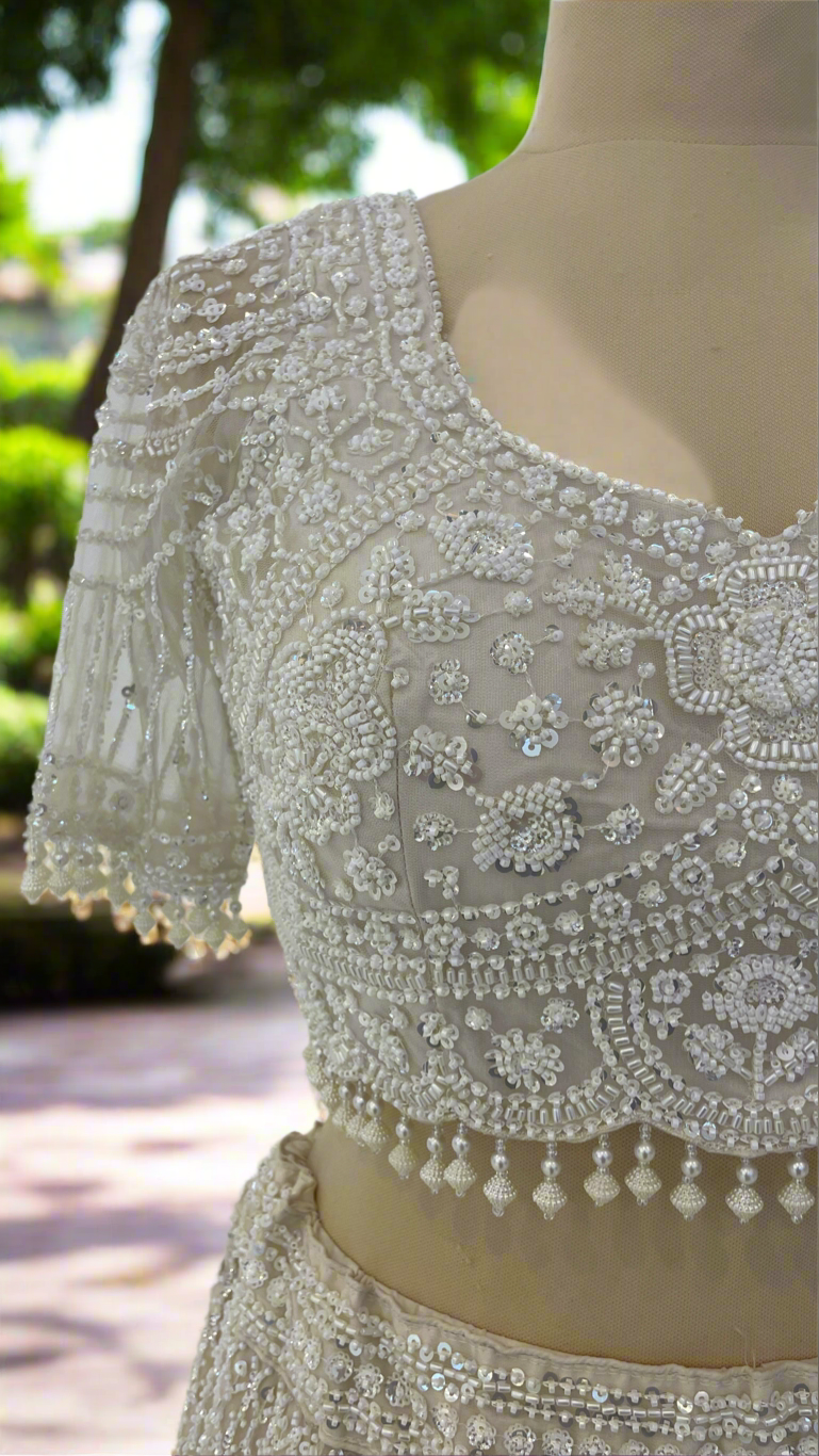 Shagun Ornately Beaded White Lehenga Set with 3D Pearl Flowers | Inaayat by Divya Taimni