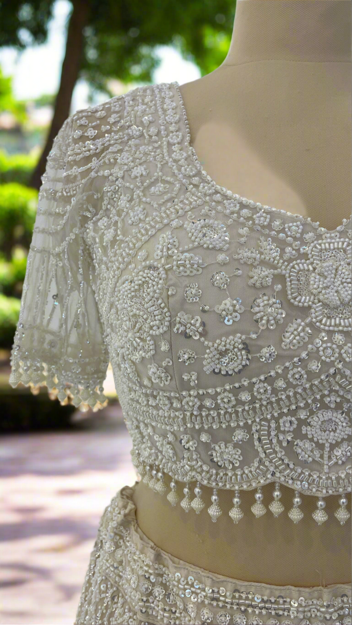 Shagun Ornately Beaded White Lehenga Set with 3D Pearl Flowers | Inaayat by Divya Taimni