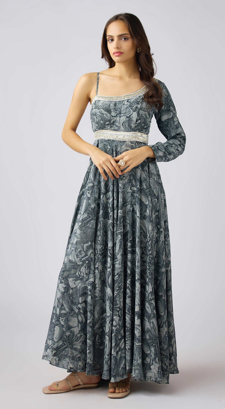 Grey Crepe Embroidered Dress | Basanti Kapde Aur Koffee
