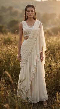 Ivory Organza Embroidered Pleated Saree |Basanti Kapde Aur Koffee