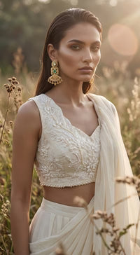Ivory Organza Embroidered Pleated Saree |Basanti Kapde Aur Koffee