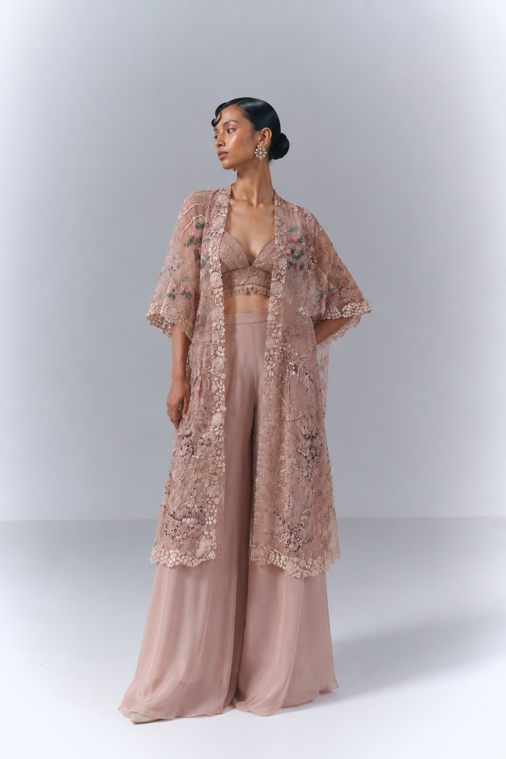 Dusty Pink Hand-Embroidered Cape Set|VARUN BAHL