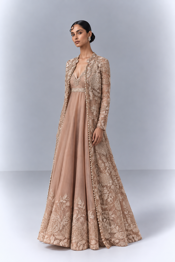 Peach Embroidered Anarkali Set with Jacket |VARUN BAHL