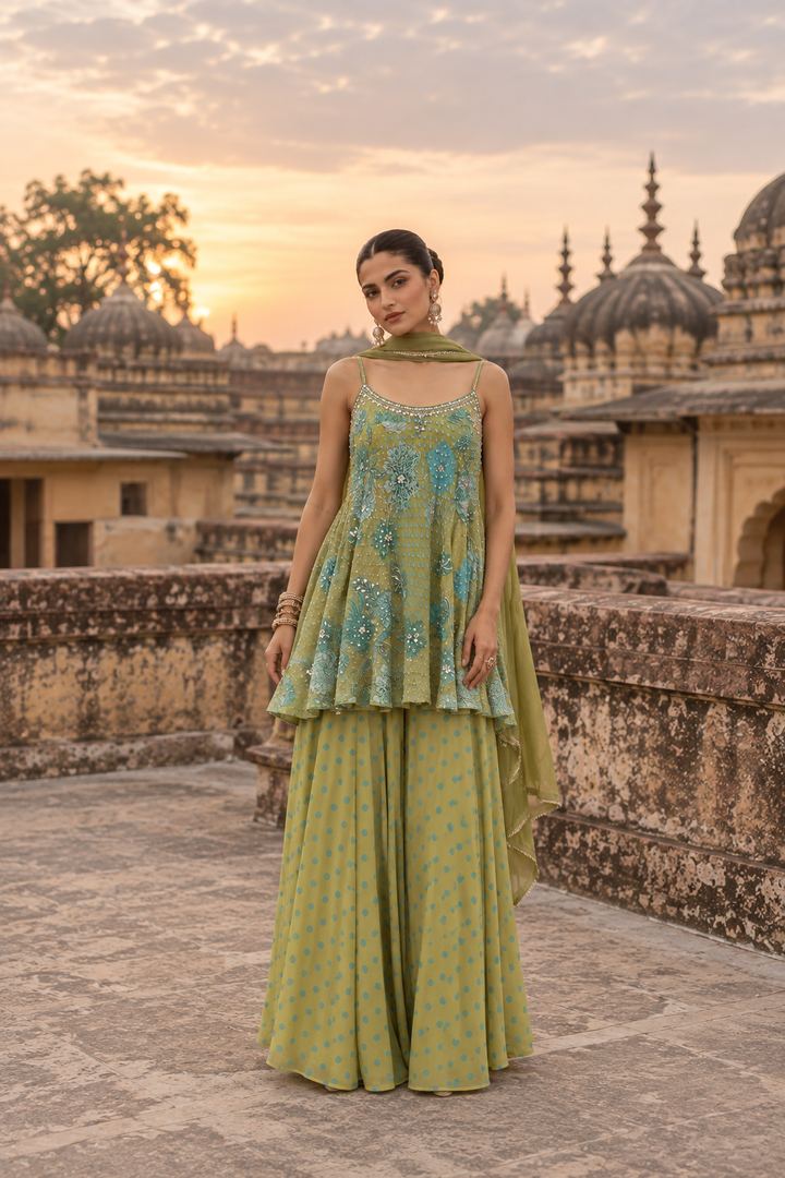 Olive Green and Turquoise Embellished Kurti with Matching Pants and Dupatta| SILK SAGA