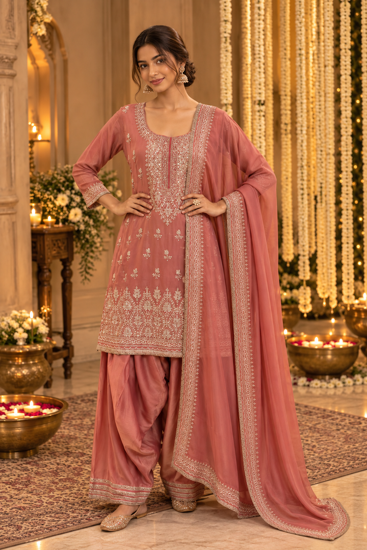 Peach Pink Embroidered Gharara Set|Maya Chabra