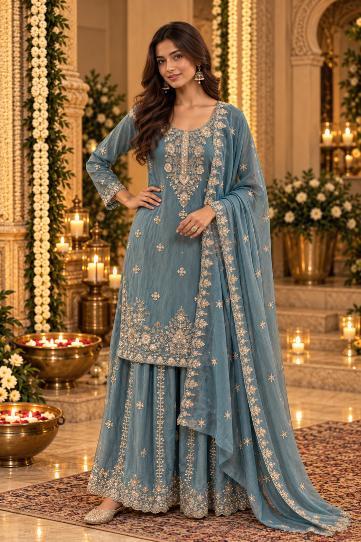 Dusty Teal  Embroidered Gharara Set|Maya Chabra