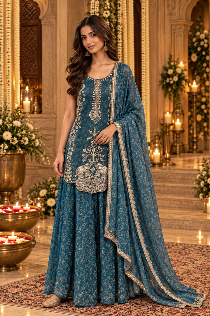Royal Teal Embellished Peplum and Sharara Set|Maya Chabra