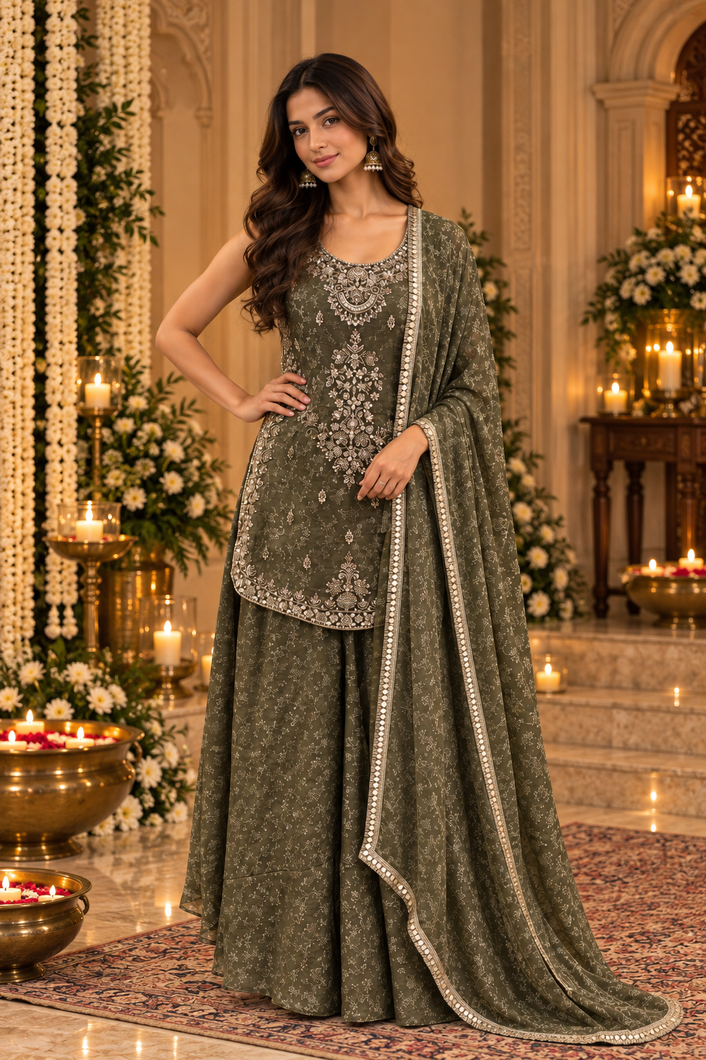 Olive Green Embellished Peplum and Sharara Set| Maya Chabra