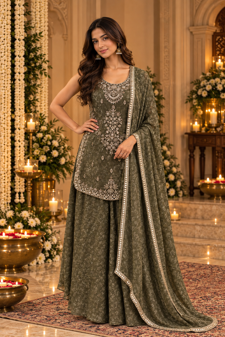 Olive Green Embellished Peplum and Sharara Set| Maya Chabra