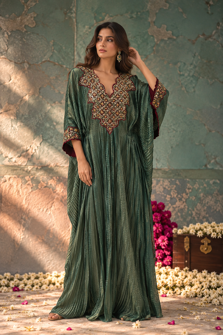 Green Embellished Kaftan Kurta  | Label Pramila