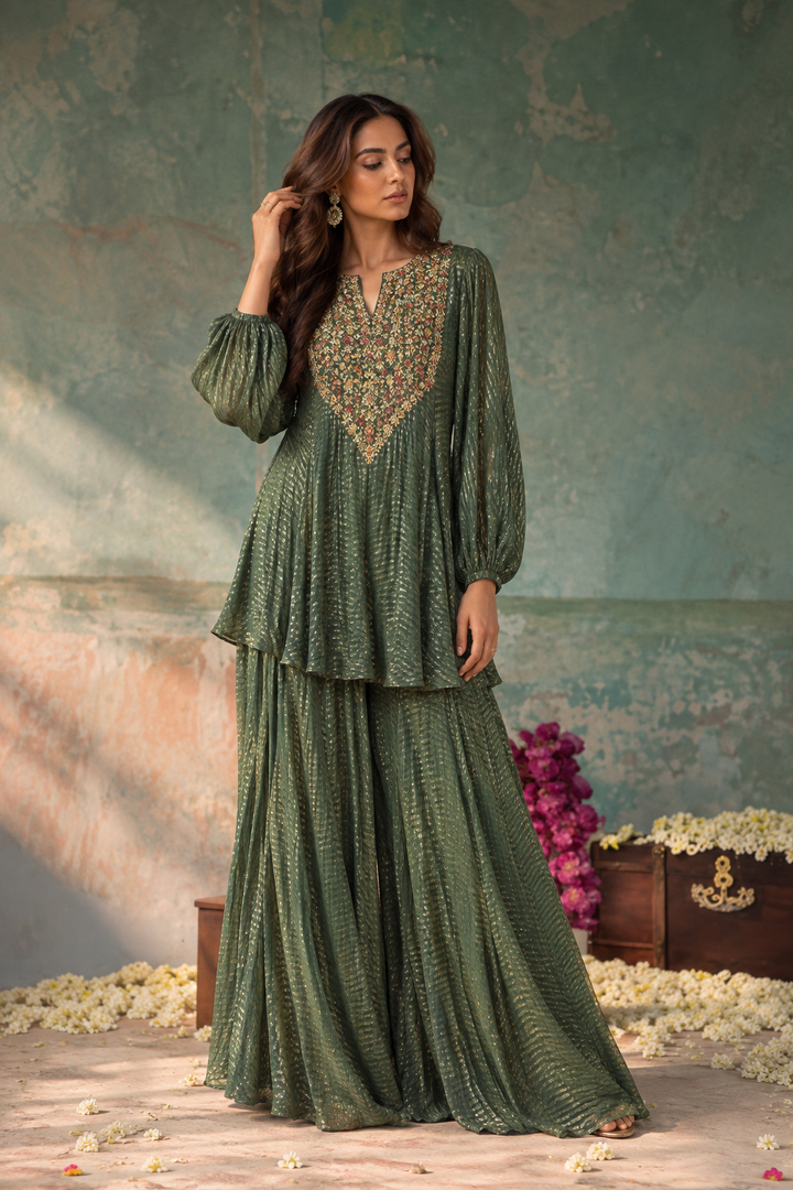 Dark Green Embellished Kurti with Matching Pants| Label Pramila