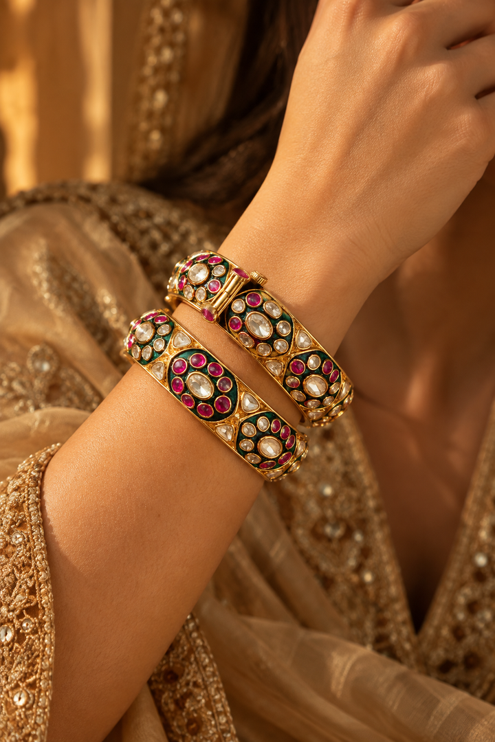The Lorina "Pink and Green Flower Bracelet Set (Set of 2)| House of Inaayat