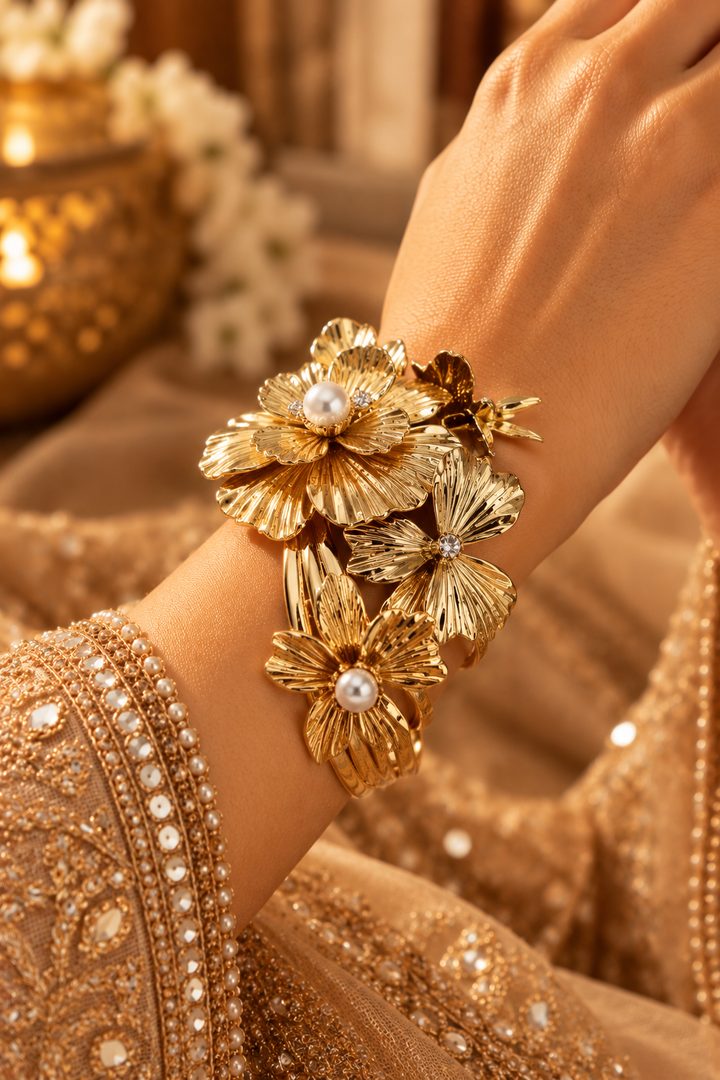 Gold Floral Textured Cuff Bracelet|Inaayat by Divya Tainmi