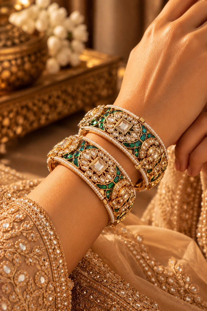 The Lorina "Golden with Emerald Green Wedding Flower Bracelet Set (Set of 2)|Inaayat by Divya Taimni