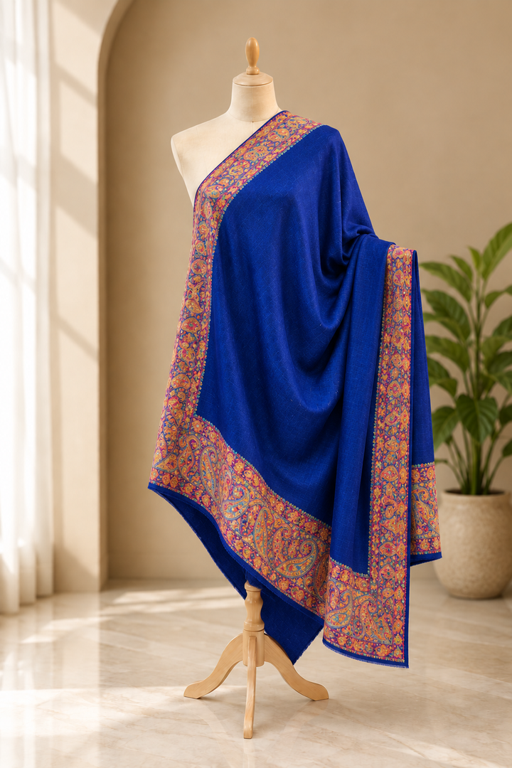 Tehzeeb Cobalt Blue Wool Shawl With Kalamkari Border