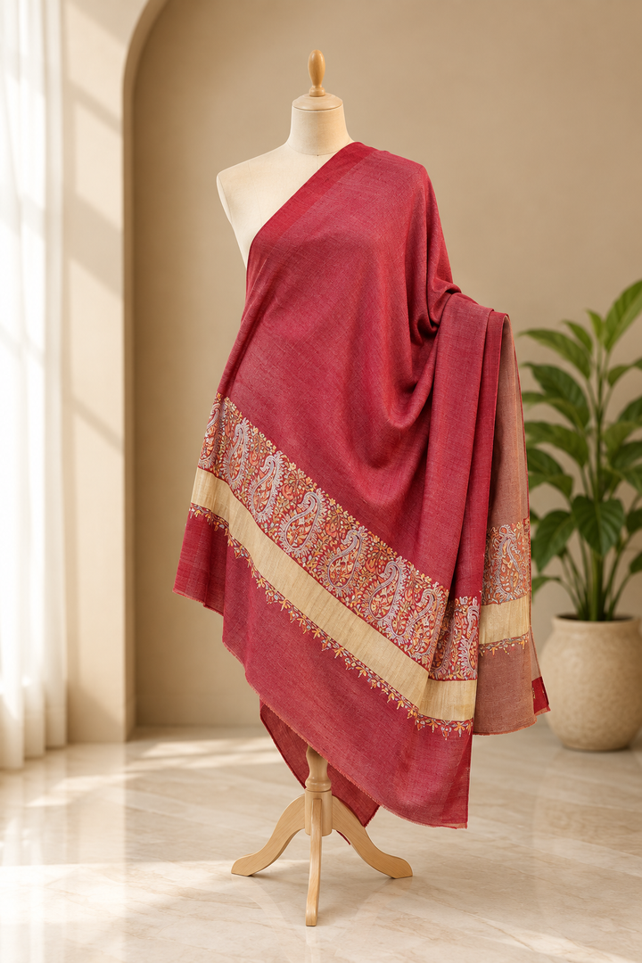 Benazir Red and Beige Reversible Pashmina Shawl | House of Inaayat