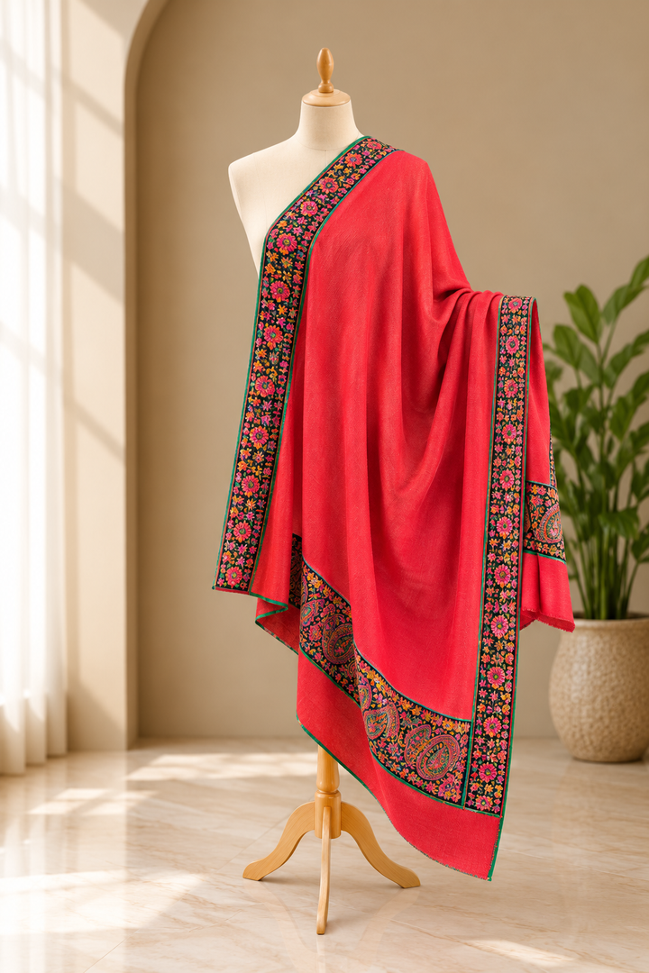 Tehzeeb Rose Pink Wool Shawl With Kalamkari Border