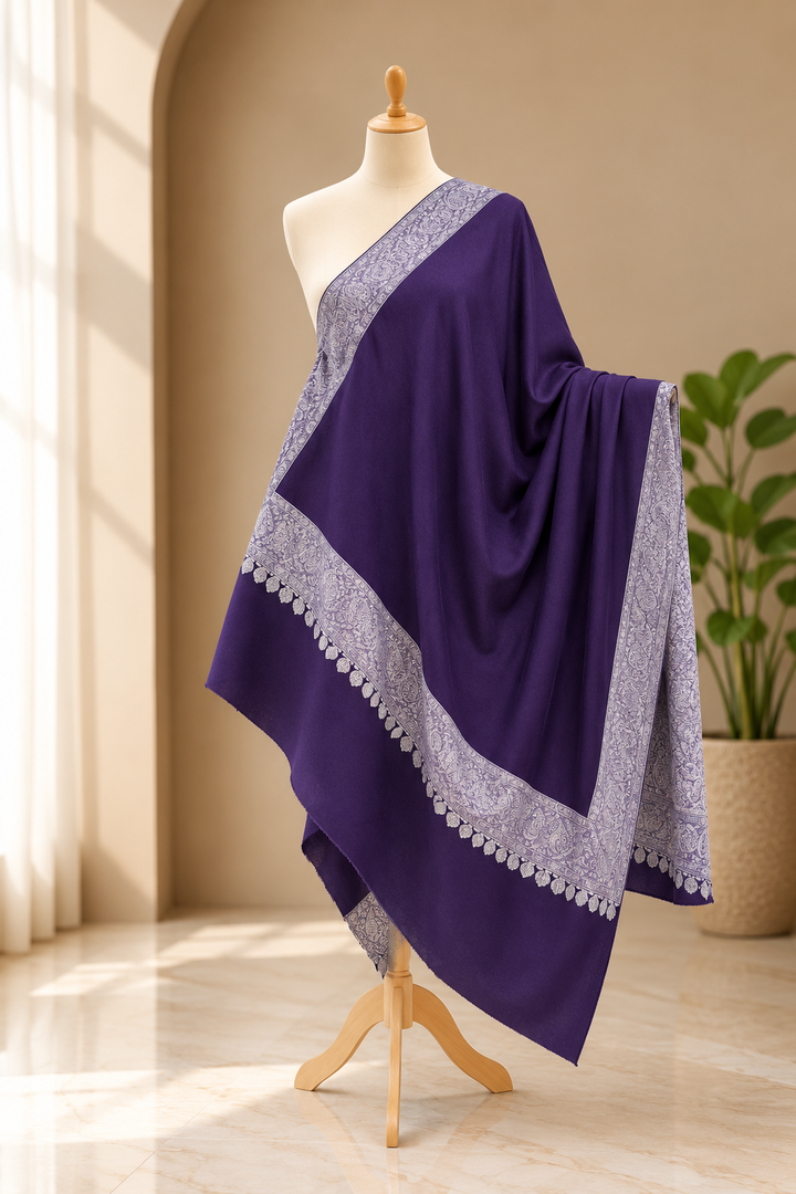 Faizan Royal Purple Pashmina Shawl With Embroidered Borders | House of Inaayat