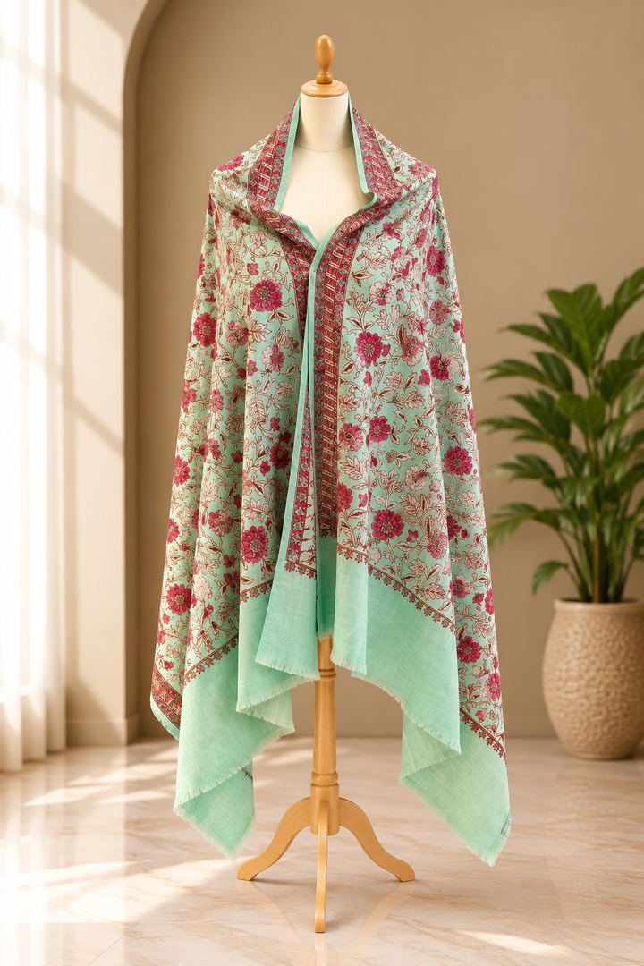 Nina Mint Cashmere Shawl With Floral Embroidery|House Of Inaayat