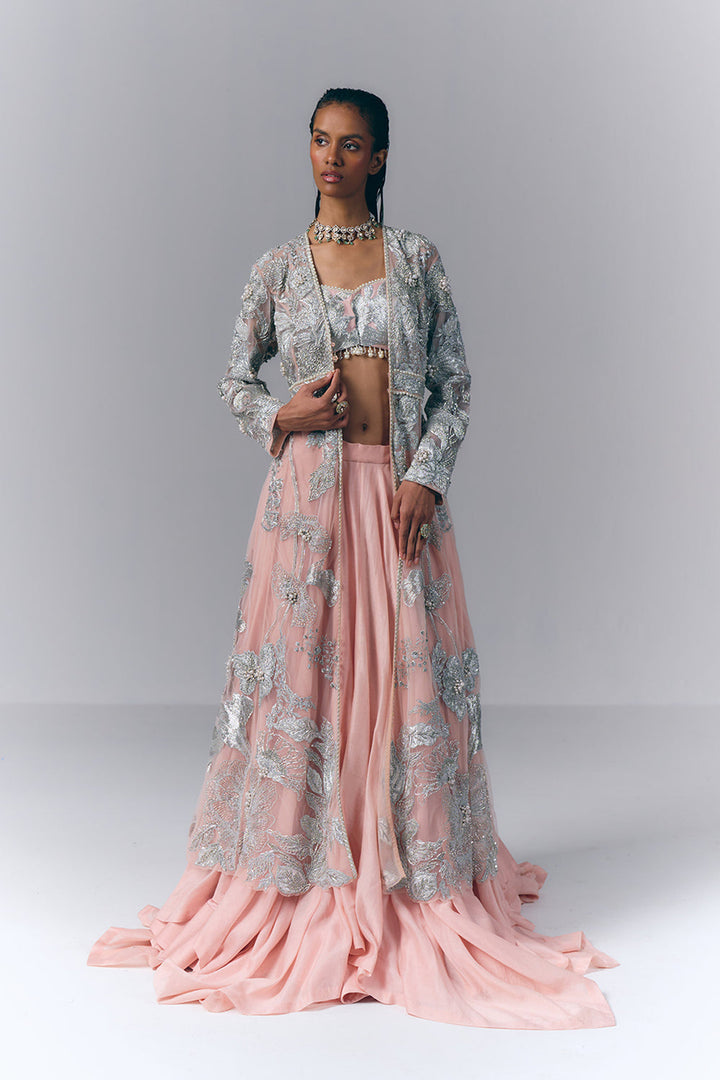 Peach Embellished Long Jacket Set |VARUN BAHL