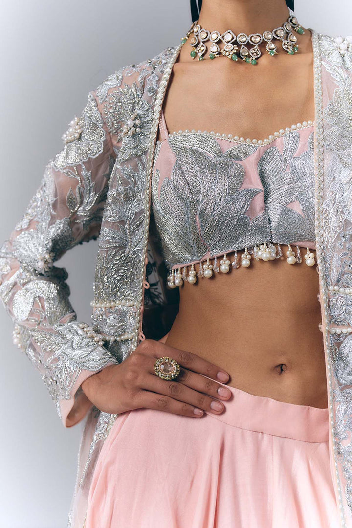 Peach Embellished Long Jacket Set |VARUN BAHL