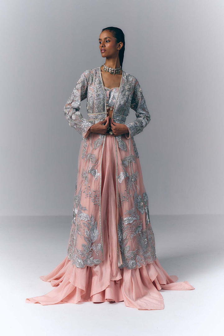 Peach Embellished Long Jacket Set |VARUN BAHL