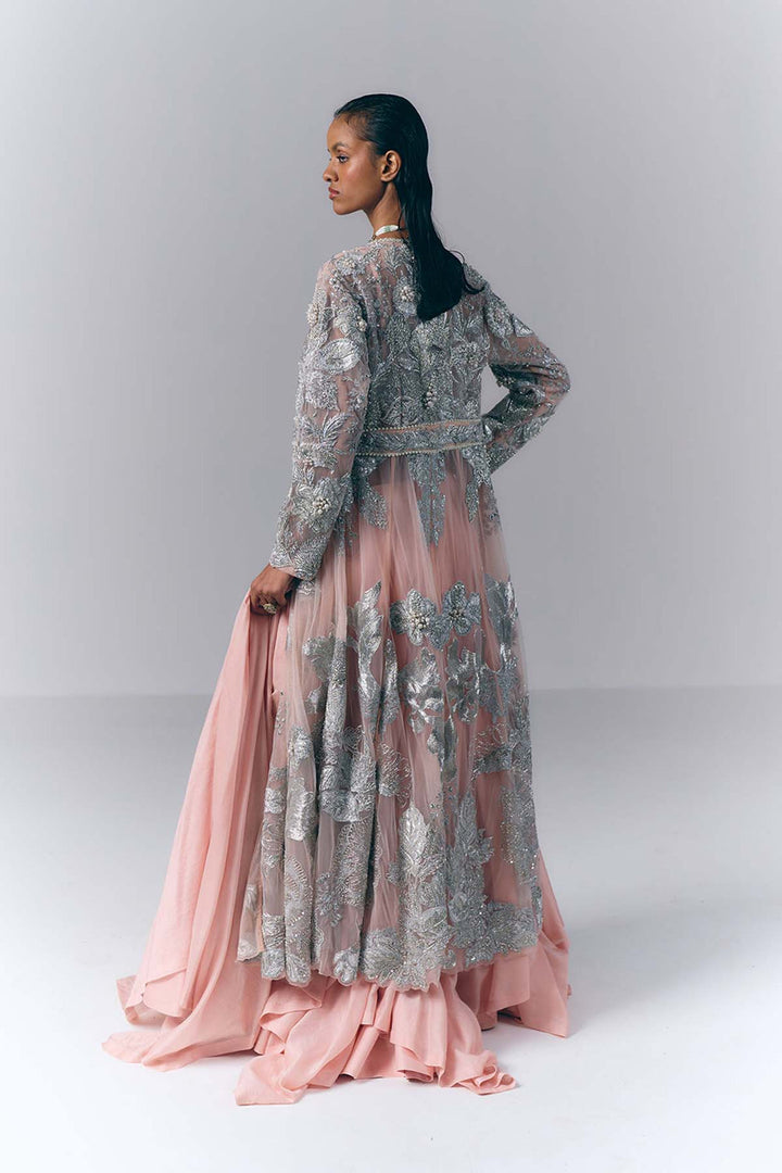 Peach Embellished Long Jacket Set |VARUN BAHL