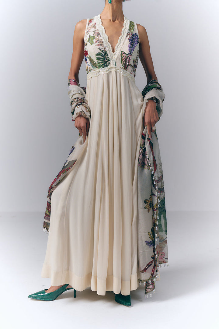 Ivory Botanical Embroidered Anarkali Set |VARUN BAHL