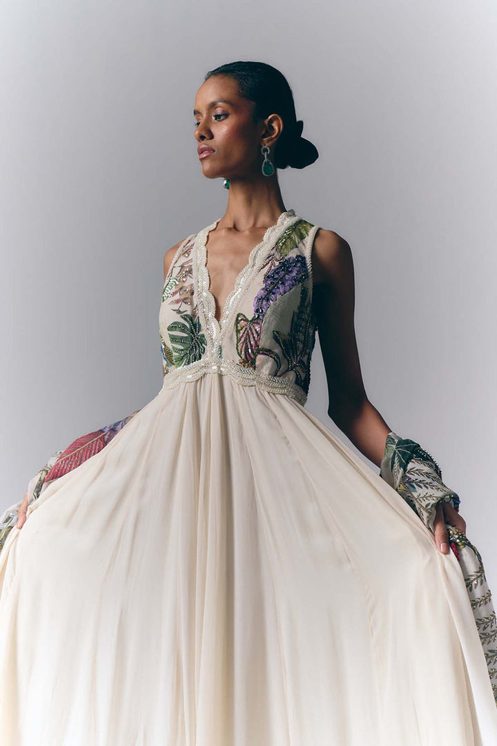 Ivory Botanical Embroidered Anarkali Set |VARUN BAHL