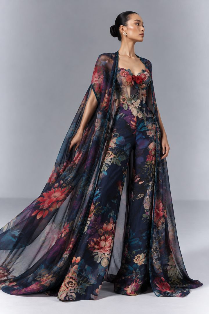 Midnight Botanical Printed Jumpsuit with Sheer Cape |VARUN BAHL