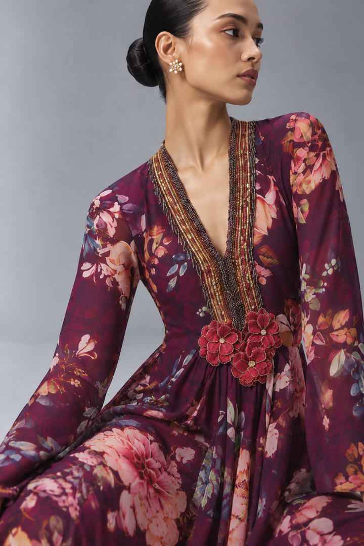 Plum Botanical Printed Kaftan Set|VARUN BAHL