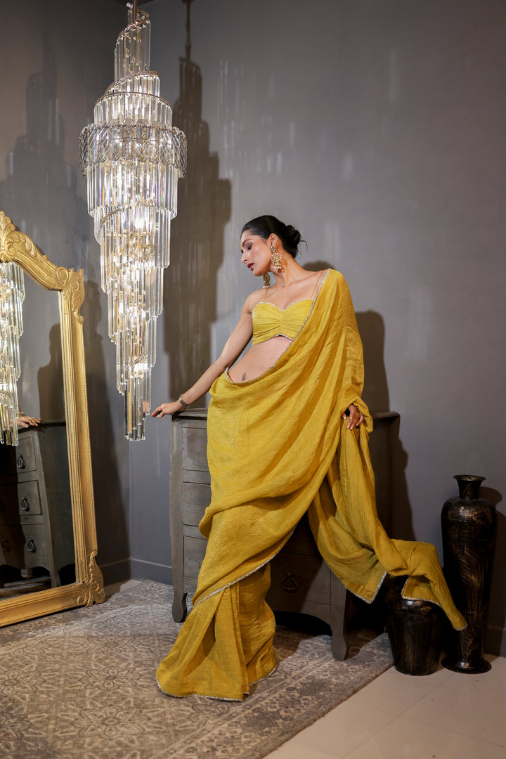 Gold Yellow Crushed Tissue Crepe Saree | Essence by Monika