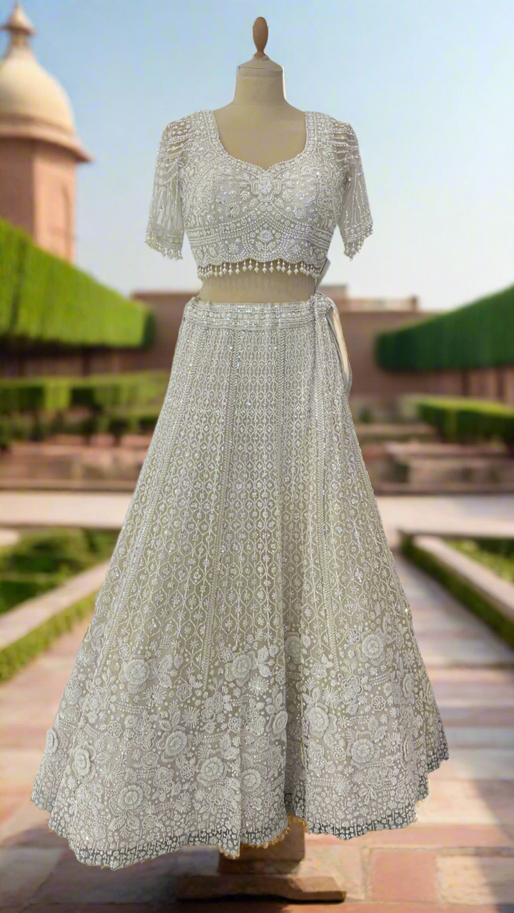Shagun Ornately Beaded White Lehenga Set with 3D Pearl Flowers | Inaayat by Divya Taimni