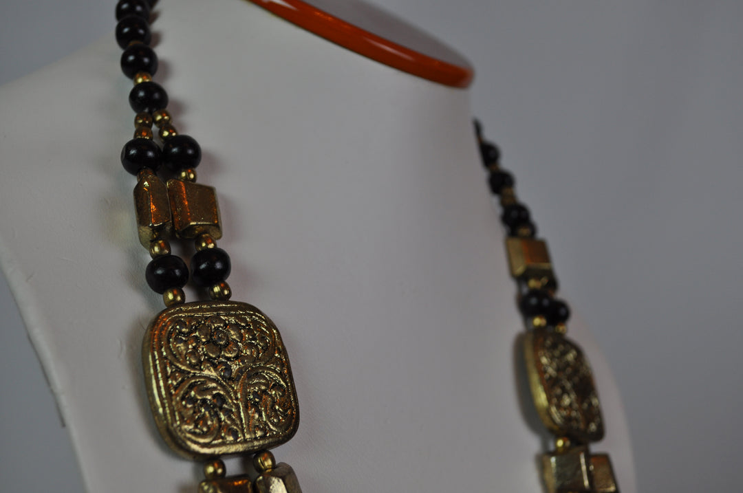 Tabassum Black and Gold Metallic Square Bead Double-Strand Necklace