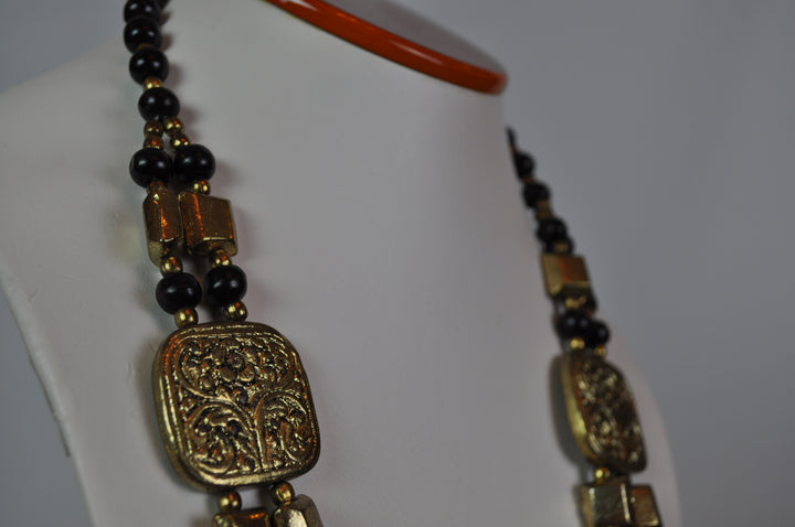 Tabassum Black and Gold Metallic Square Bead Double-Strand Necklace