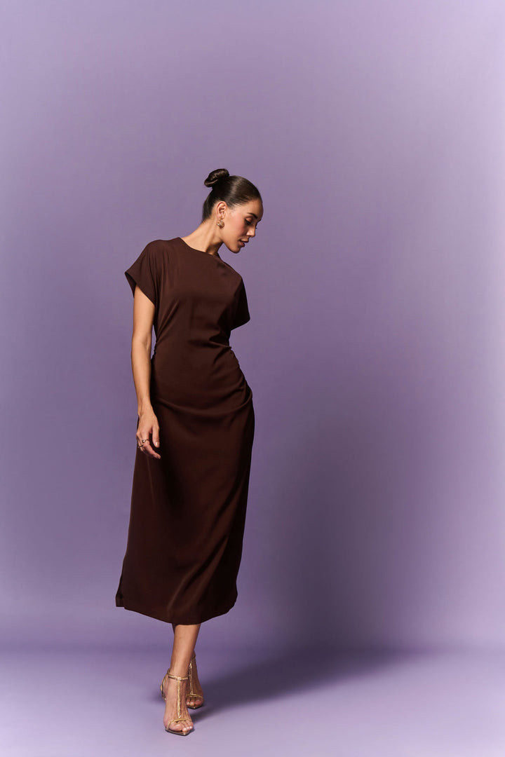 BROWN DOWN SLEEVE STRAIGHT FIT LONG DRESS | EMBLAZE