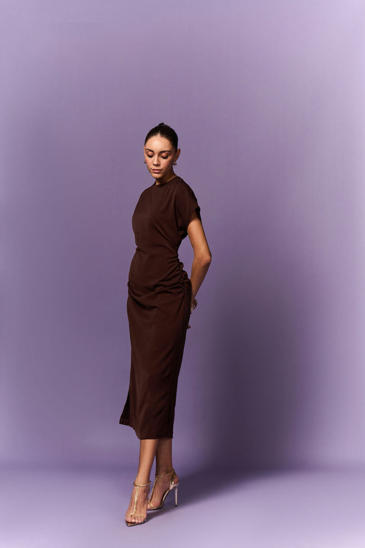 BROWN DOWN SLEEVE STRAIGHT FIT LONG DRESS | EMBLAZE