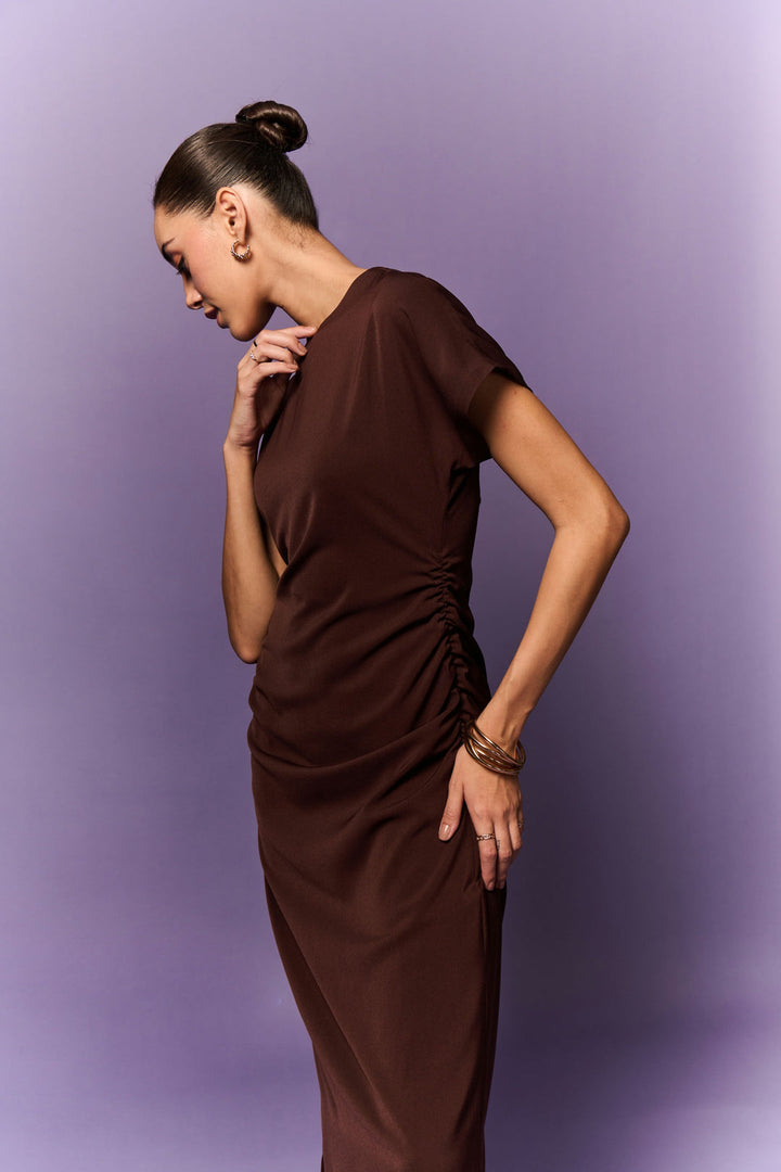 BROWN DOWN SLEEVE STRAIGHT FIT LONG DRESS | EMBLAZE