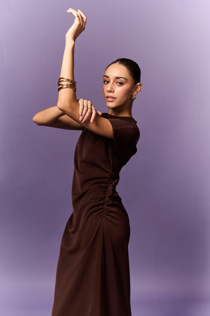 BROWN DOWN SLEEVE STRAIGHT FIT LONG DRESS | EMBLAZE