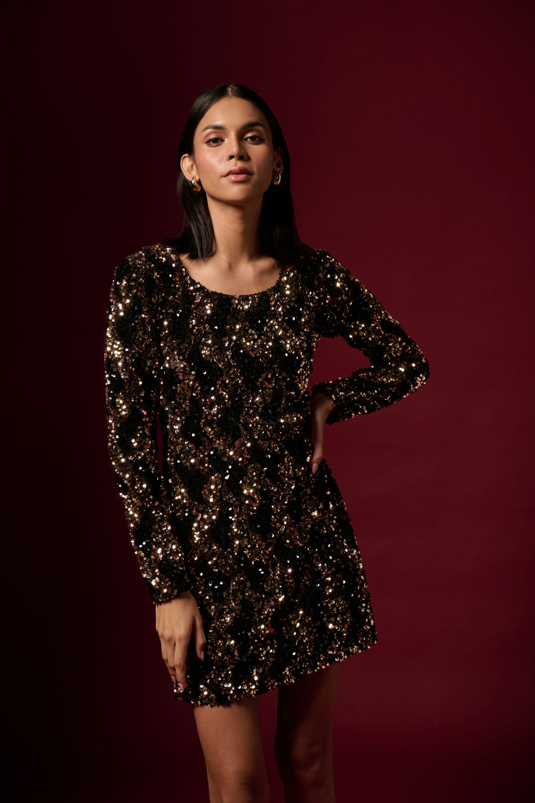 BLACK AND GOLD SEQUIN BODYCON DRESS WITH BACK TIE-UP | EMBLAZE