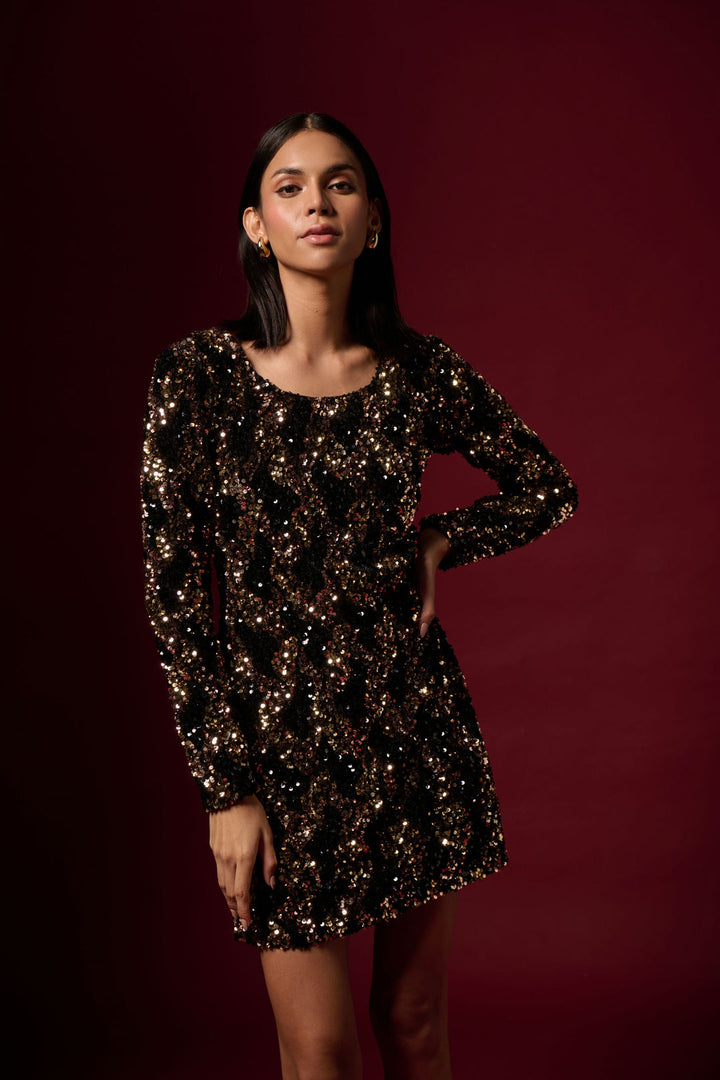 BLACK AND GOLD SEQUIN BODYCON DRESS WITH BACK TIE-UP | EMBLAZE