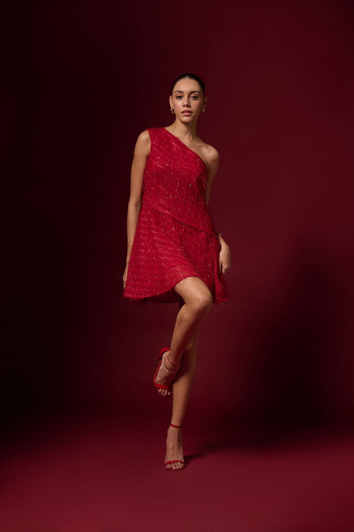 RED ONE SHOULDER DRESS| EMBLAZE